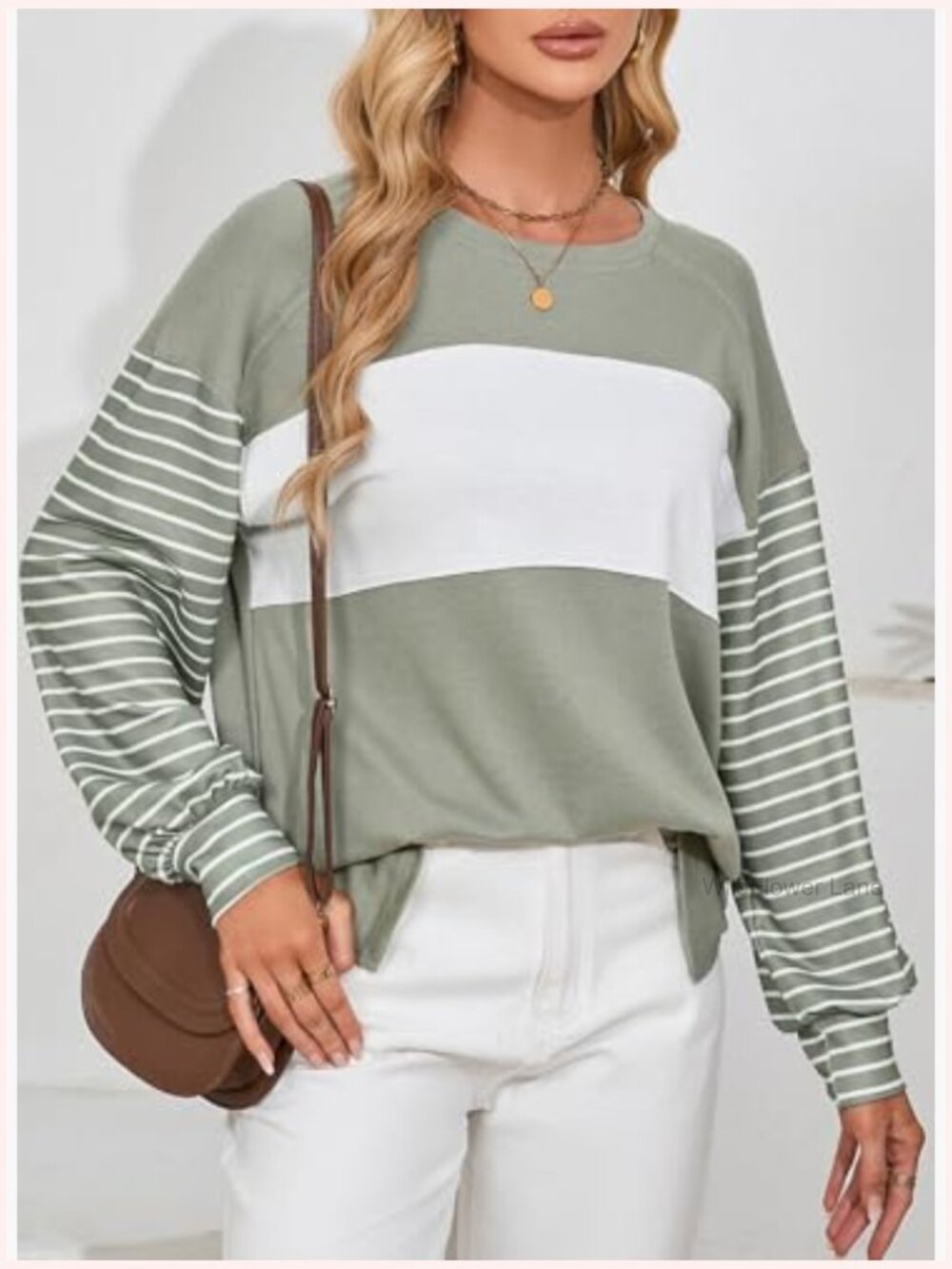 Oversized Color Block Crew Neck Long Sleeve Blouse Tunic Top - Picture 4 of 7